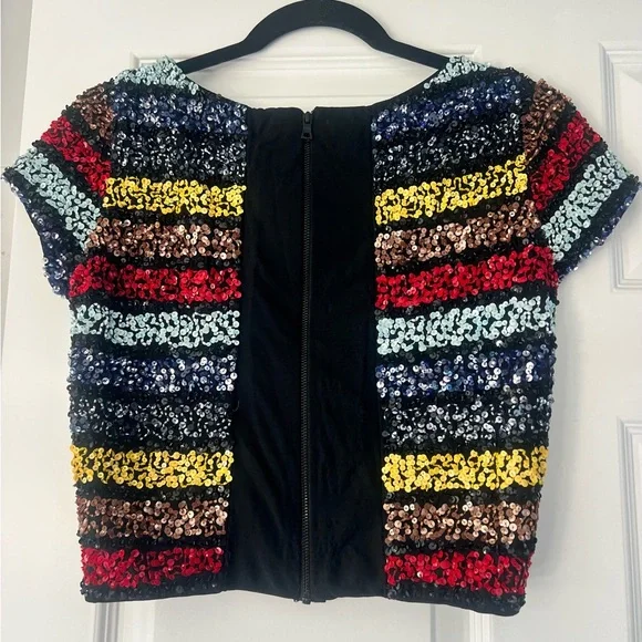 Alice + Olivia Sequin Striped Crop Top - Red, Blue, Yellow, Brown - Picture 2 of 3